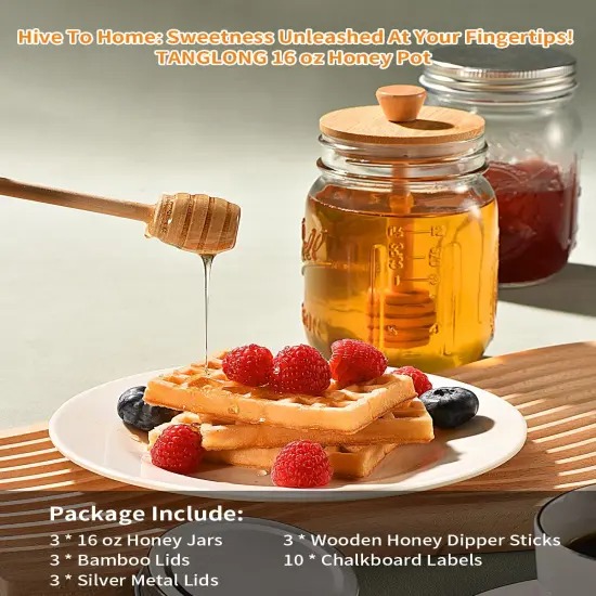 Honey Jar with Dipper and Lid, 16oz Honey Pot Set of 3, Mason Jar Honey Dipper Lid, Honey Container with Dipper, Storage Jars with Lids {2}