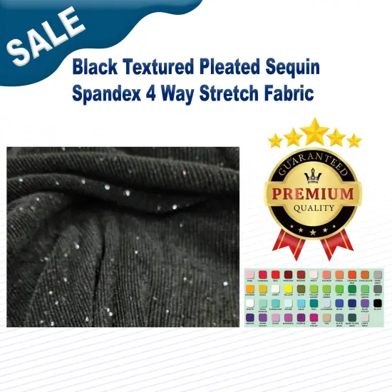 Black Textured Pleated Sequin Spandex 4 Way Stretch Fabric {1}