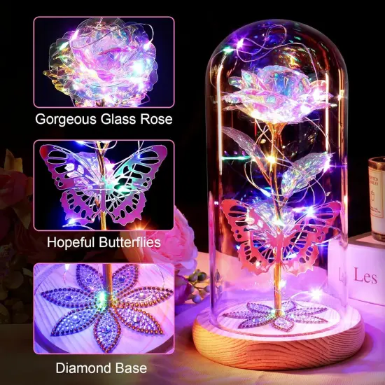 Gifts for Women Mom Birthday Gifts Galaxy Glass Rose Forever Preserved Flowers for Delivery Prime Artificial Eternal Rose in Glass Dome Mothers Day Moms Gift for Grandma Wife Daughter, Rainbow {2}