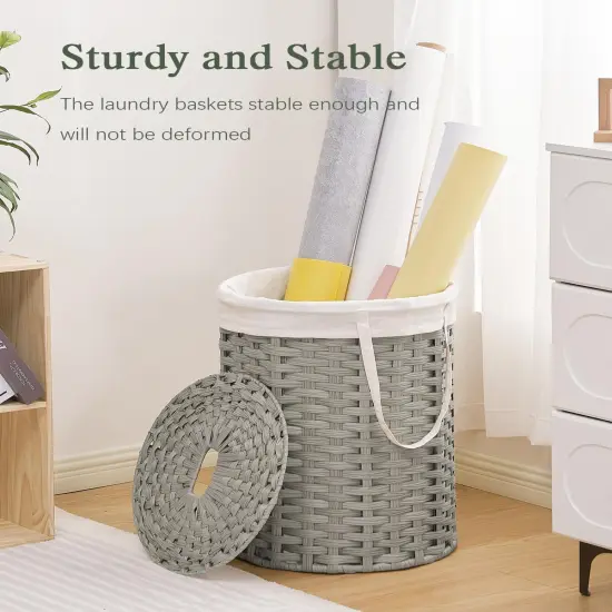 Laundry Hamper with Lid Laundry Basket with Lid 19.0 Gal (72 L) Round Wicker Laundry Basket Handwoven Rattan Basket with Lid Removable Bag 2 Mesh Bags Handles for Living Room Bathroom Gray {5}