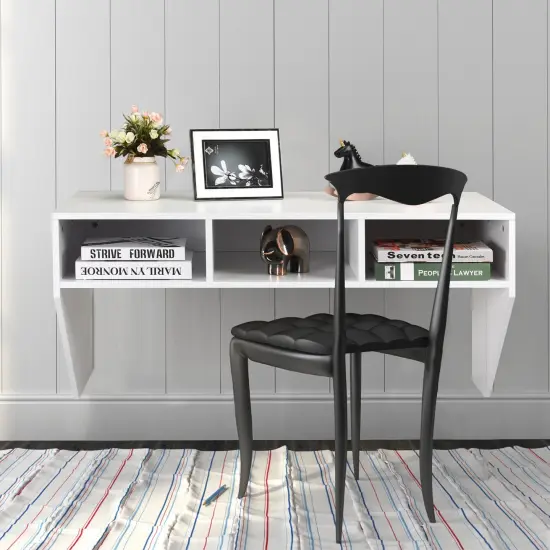 Wall Mounted Floating Sturdy Computer Table with Storage Shelf and Three Compartments Below Desk White {5}
