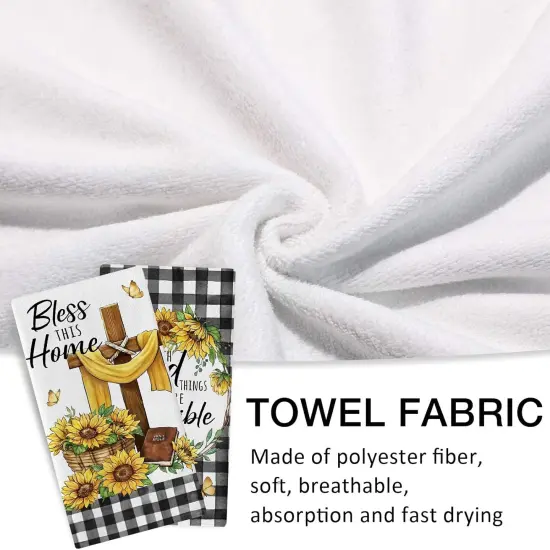 God All Things are Possible Christian Kitchen Dish Towels Set of 2, Religious Cross Sunflower Spring Summer Hand Towels Drying Baking Cooking Cloth, Fall Plaid Farmhouse Home Decor 18x26 {4}