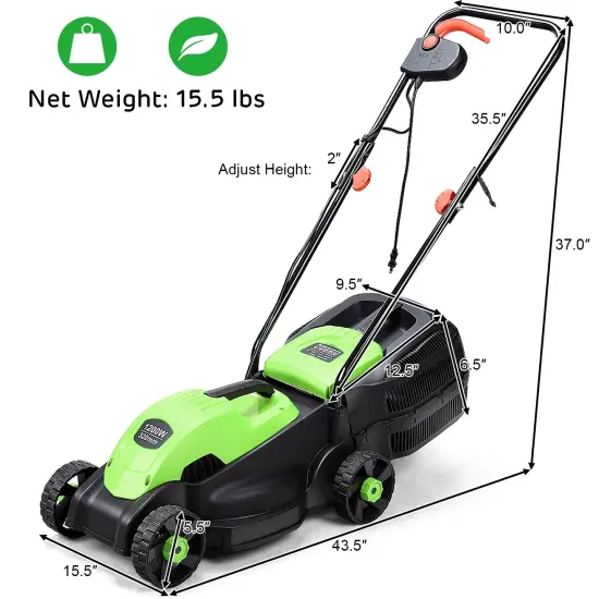 14 Inch Green Electric Push Lawn Corded Mower with 3 Level Adjustable Cutting Height {4}