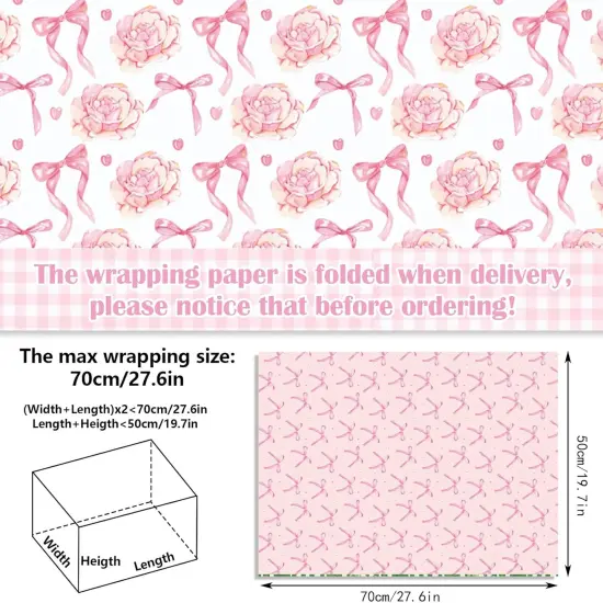 12 Sheets Pink Bow Wrapping Paper, Pink Floral Plaid Heart Bow Gift Wrap Paper I Love You Folded Flat Craft Paper for Valentine Wedding Baby Shower Supplies, 19.7 x 27.6 Inch {3}