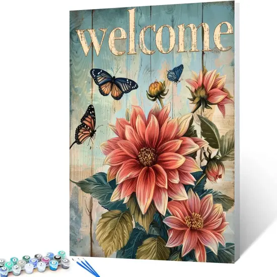 "welcome" Sign Paint by Numbers for Adults Beginners-Paint by Number Vintage Wood Grain,DIY Butterfly and Dahlia Acrylic Paint by Numbers Kits on Canvas for Adults Beginner 16x20inch(Without Frame) {1}