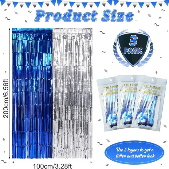 3Pack 3.3Ft x 6.6Ft Graduation Foil Fringe Curtain Backdrop Decorations, Blue Silver Metallic Tinsel Foil Streamers Curtain Photo Booth Background for Graduation Prom Wedding Birthday Party Decoration {3}