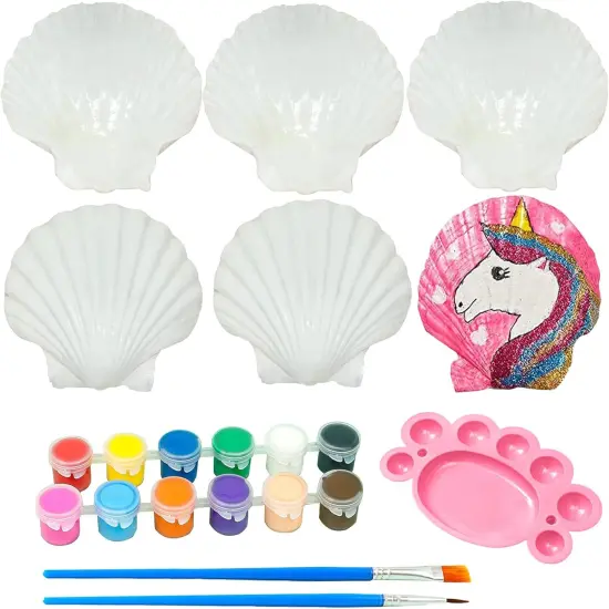 BABY Summer Seashells Painting Kit for Kids 16pcs, Arts and Crafts Kits for Girls Boys Age 6 7 8 9 10 11 12, Natural Sea Shells DIY Painting with Watercolor Paints and Brush 2.7-3.5 Inches {1}
