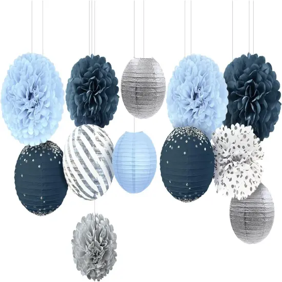 Dusty Blue Wedding Decorations, 12 PCS Blue Grey Tissue Pom Poms Paper Lanterns Decor for Birthday, Bridal Shower, Baby Shower, Bachelorette Party Hanging Decoration Supplies {1}