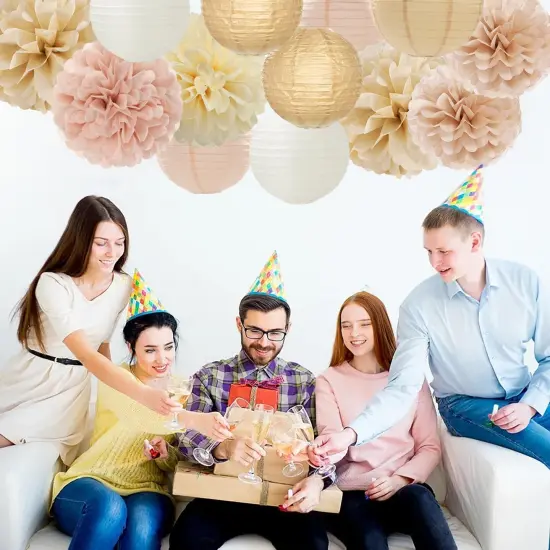 Champagne-Gold White Party-Decorations Paper-Flowers Lanterns - 15PCS Boho Fall Rustic Tissue Pom Poms Streamers,Wedding Baby Bridal Shower Neutral Autumn Birthday Hanging Supplies Decor Hugfond {5}