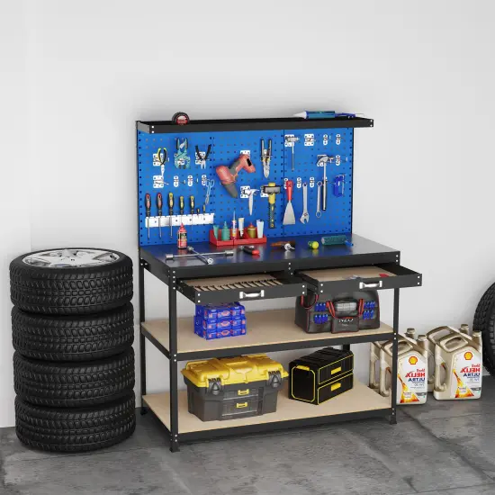 Navy 48 Inch Workbench Work Table with 2 Large Drawer and 2 Shelves {3}