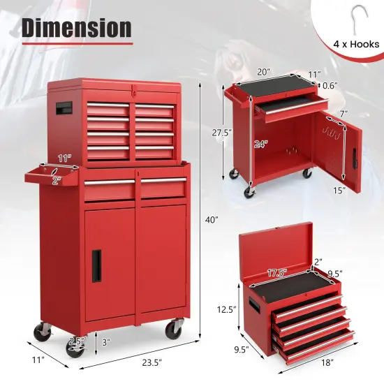 2-in-1 Tool Chest Cabinet with 5 Sliding Drawers and 4 Universal Wheels Perfect for Garage or Workshop Red {5}