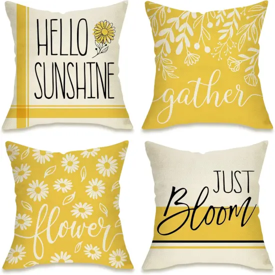 Hello Sunshine Decorative Throw Pillow Cover 20 x 20 Set of 4, Spring Summer Yellow Daisy Floral Flower Porch Patio Outdoor Pillowcase, Just Bloom Gather Sofa Couch Cushion Case {1}