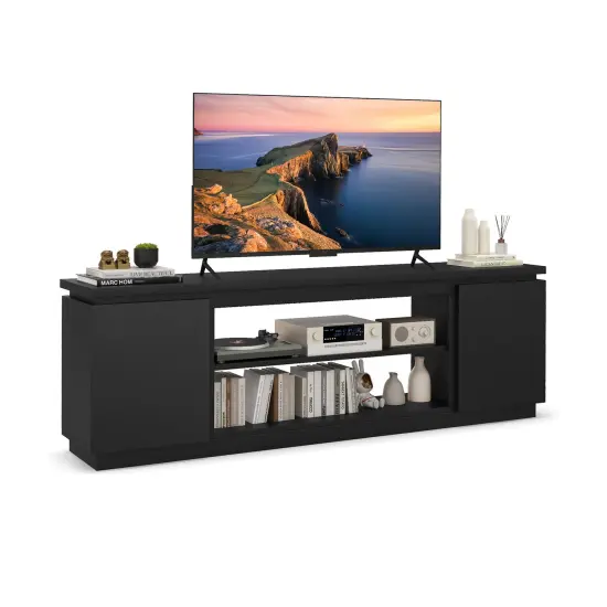 70" Entertainment TV Center with 3 Adjustable and Removable Shelves and 2 Enclosed Cabinets Black {3}