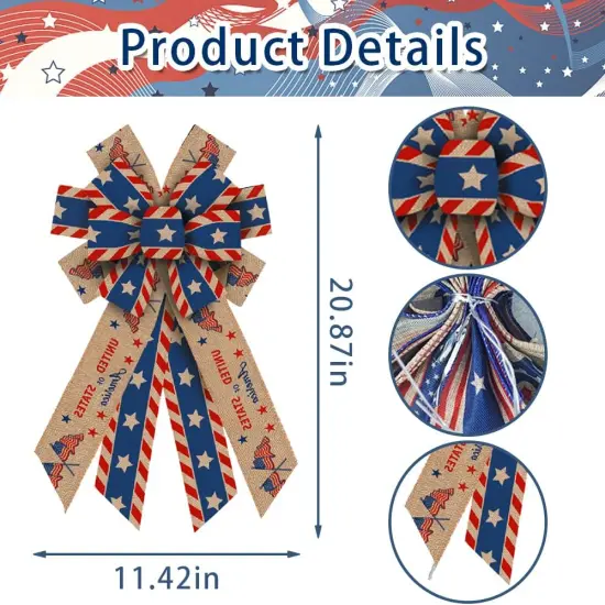 Large 4th of July Patriotic Bows for Wreath, American Flag Wreath Bows Blue Natural Burlap Bows Memorial Day Decorations Tree Topper Bows for Front Door Supplies {2}