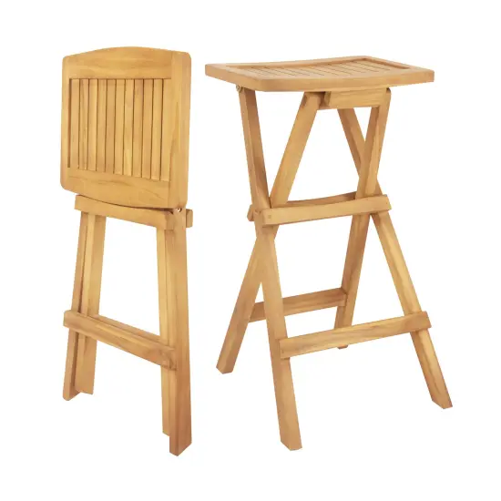 Set of 2 Natural Teak Wooden Outdoor Bar Stools with Countered Seat Perfect Fit for Any Bar {1}