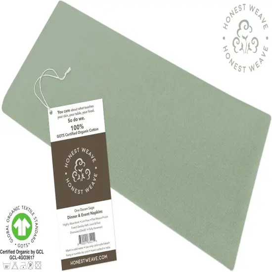 Organic Cotton Washable Cloth Napkins Sets for Everyday Dining, Dinner Parties, Weddings | Oversized 20x20 inches, Fully Hemmed, in Designer Colors, 12-Pack, Sage {2}
