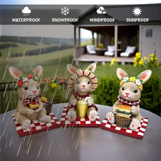 Joyful Picnic Gathering Bunny Trio Set of Three Figurines, Spring Rabbit Statue 4.5" Decor {4}