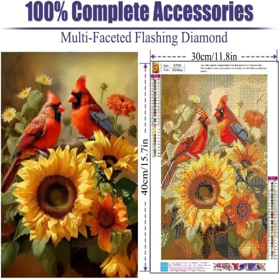 Diamond Painting for Adults Kits, 5D Cardinal Diamond Art Kits for Beginners, DIY Full Drill Sunflowers Diamond Gem Art Kits for Home Wall Decor 12x16 Inch {2}