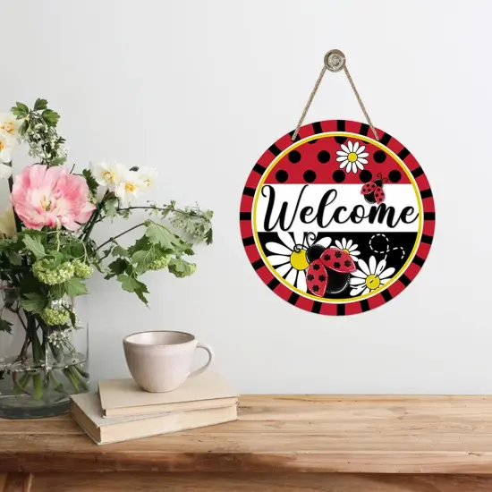 Summer Ladybug Front Door Sign, Daisy Flower Red Black Wood Door Hanger Outdoor Outside Porch Decor, Polka Dot Stripes Seasonal Wooden Wreath Indoor Wall Hanging Decoration {5}