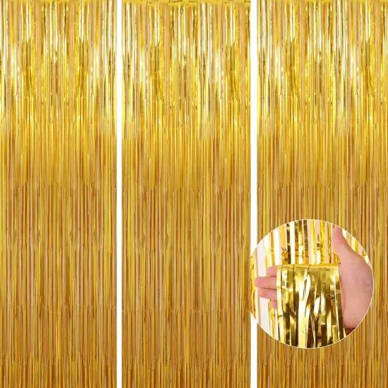 Birthday Party Decorations: 3 Pack 3.3 x 9.9 ft Gold Foil Fringe Curtains Party Supplies, Tinsel Curtain Backdrop for Parties/Birthday/Photo Booth {1}