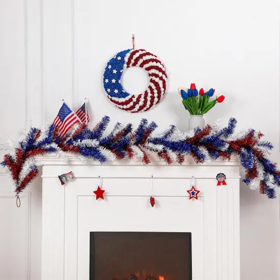 4th of July Garland with 30 Fairy Light Independence Day Red White and Blue Pine 6Ft Patriotic Cedar Garland Decoration for Memorial Day Flag Stairs Fireplace Mantel Decor {2}