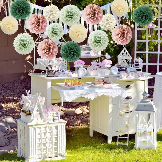 16pcs Dusty Rose Olive Sage Green Tissue Paper Pom Poms Ceiling Decors Flowers Sage Green Dusty Pink Party Decorations for Bridal Shower Baby Shower Rustic Wedding Birthday Engagement Party Decorations {3}