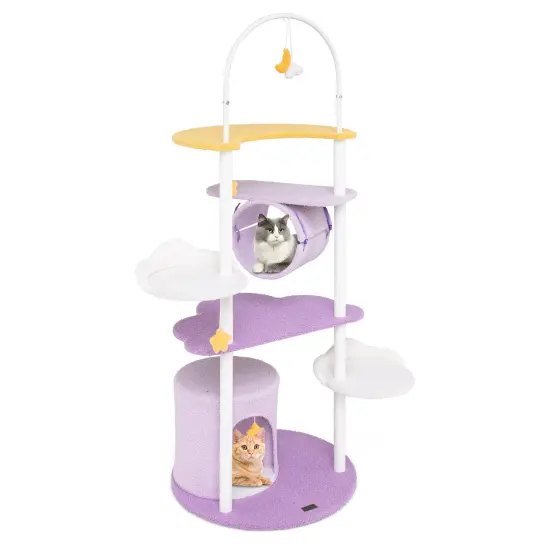 White and Purple Engineered Wood Cat Tree with Tunnel, Hammock and Toys {1}