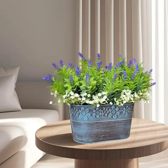 Summer Potted Plants, Artificial Flowers Lavender Arrangement in Rustic Rectangular Metal Planter, Pre-Potted Fake Lavender Table Centerpiece for Gifts Farmhouse {5}