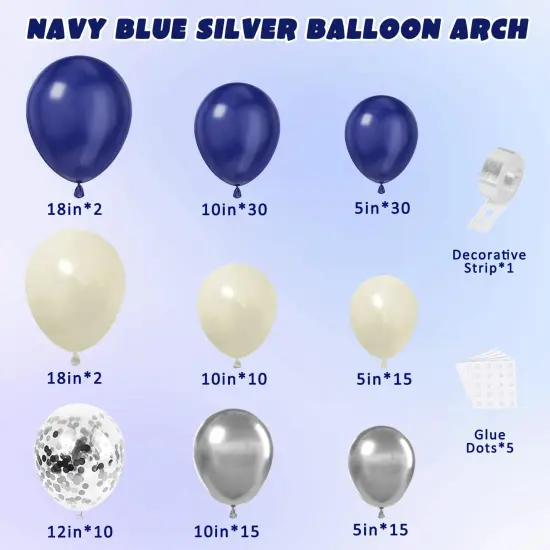Navy Blue Silver Balloons Arch Kit, Double Stuffed Pearl White Royal Dark Blue Silver Chrome with Confetti Balloons Garland Kit for Birthday Baby Shower Wedding Graduation Father's Day Decorations {2}