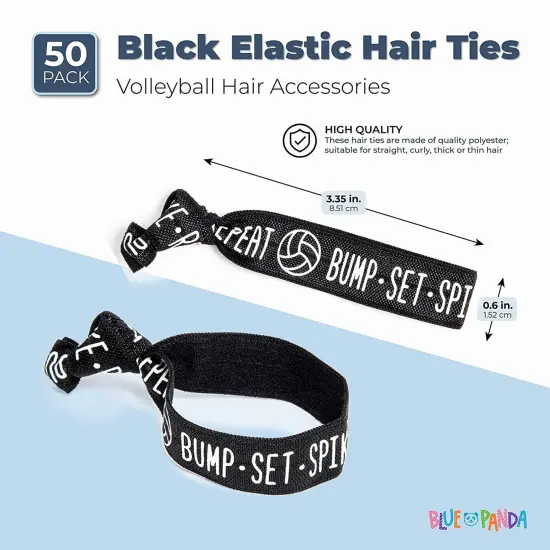 50-Pack Volleyball Hair Ties for Girls, Accessories, Bracelets, Elastic Bands, Bulk Gifts for Team Featuring the Words "Bump - Set - Spike - Repeat" (3.35x0.6 in) Black {4}
