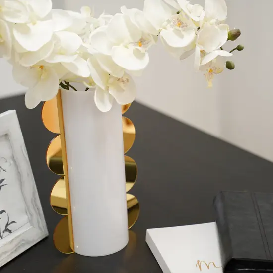 Lucite Mirror Accented Vase By Kinor Decor White-Gold {3}