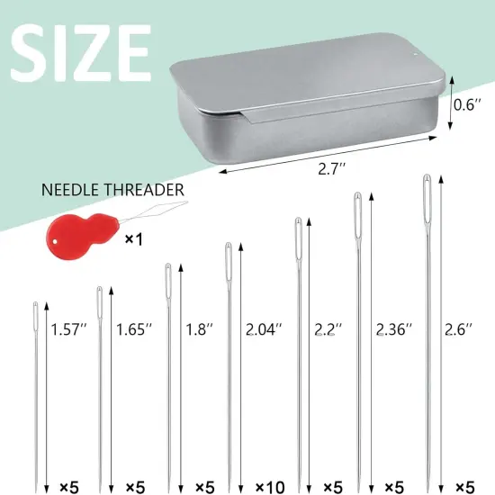 80/40 PCS Large Eye Sewing Needles, 7 Sizes Sewing Sharp Needles, Leather Needle Embroidery Thread Needle, Stainless Steel Yarn Knitting Needles with Threaders for Handsewing Art Crafts CJ {2}