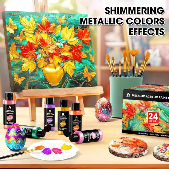 40 Pcs Metallic Acrylic Paint Set with 12 Brushes, 2 Knives & Palette - 24 Colors (2oz/60ml) for Adults, Kids, Artists & Beginners - Easter Basket Stuffers, Rock & Egg Painting Kit {3}