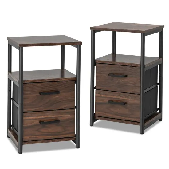 Bedside Table Set of 2 with Removable Fabric Drawers and Metal Frame-Walnut {1}