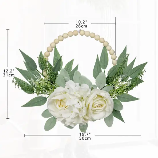 Spring Wreaths for Front Door 10" Artificial Floral Wood Bead Wreaths Eucalyptus Leaves Rose Hydrangea Wreaths for Front Door Boho Farmhouse Wall Decor 2 Pack - White {4}