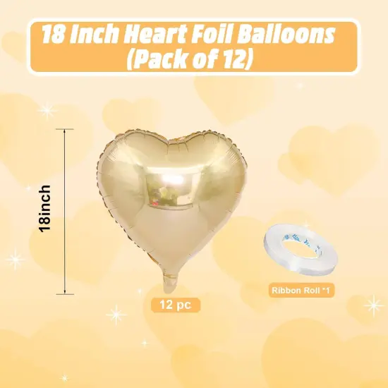 Champagne Gold Heart Balloons, 18 Inch Pastel Gold Heart Shaped Balloon, 12PCS Large Pastel Yellow Helium Foil Love Romantic Balloon for Marriage Wedding Bridal Engagement Party Anniversary Decoration {2}