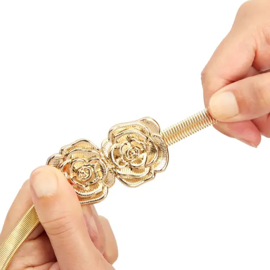 Juvale 4-Pack of Adjustable Fancy Dress Belts for Women, Skinny Stretch Metallic Waist Belts for Dresses, Blouse, Leaf and Rose Designs, Silver and Gold (27x0.35 In) {7}