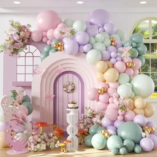 157pcs Pastel Pink and Purple Balloon Arch Garland Kit, Pink Purple Teal Light Green Nude Metallic Gold Latex Balloons for Baby Shower Spring Garden Tea Party Decorations {1}