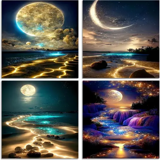 Moon Diamond Painting Kits for Adults, 5D Diamond Art Kits for Beginners, DIY Diamond Arts and Crafts for Living Room, Diamond dots Kits Kids Room 4 PCS Wall Art {1}