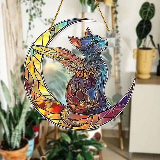 Summer Charming Cat Angel Acrylic Stained Glass Window Hanging Sun Catcher Decor Stained Panel Hangings Wall Art Decor, for Friends and Family (Cat Angel) {2}