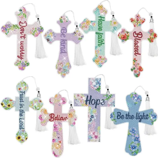 Cross Diamond Painting Bookmarks - 8PCS 5D Diamond Art Bookmark Kits with Tassel Bible Verse Rhinestone Page Marks Inspirational Christian Bookmarks for Reading Lover Book Decor DIY Crafts Gift {1}