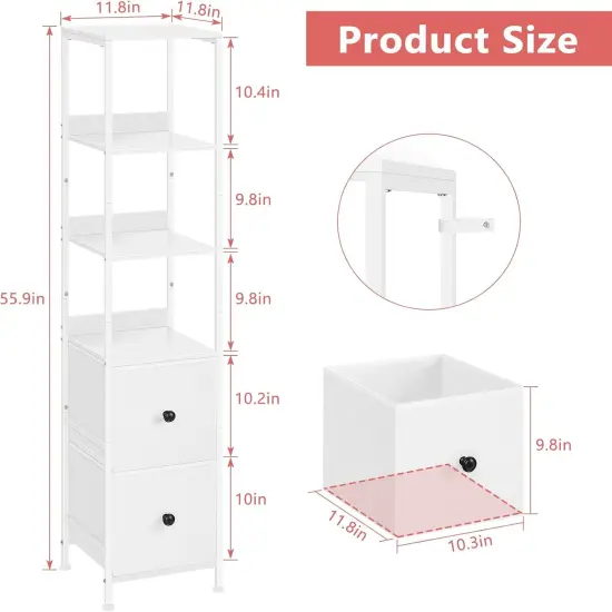 55.9" Tall Bathroom Storage Cabinet Freestanding - Slim Corner Organizer with 2 Drawers & 5 Shelves, Narrow Floor Cabinet for Bathroom, Kitchen, Living Room - White {2}
