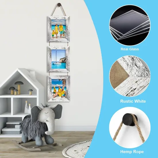5x7 Picture Frame, Wall Hanging Picture Frames Collage with 3 Opening, Picture Frame Set MDF Wood, High-Definition Plexiglass Frames （Rustic White） {3}