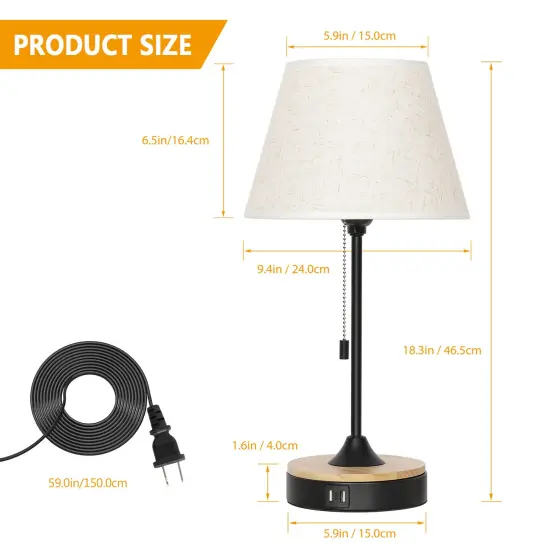 Set of 2 Beige Table Desk Lamps with Dual USB Ports &ndash; Wood & Metal Bedside Lamps, Linen Shade, UL-Certified, Eye-Caring Lighting for Bedroom, Office, or Living Room {2}
