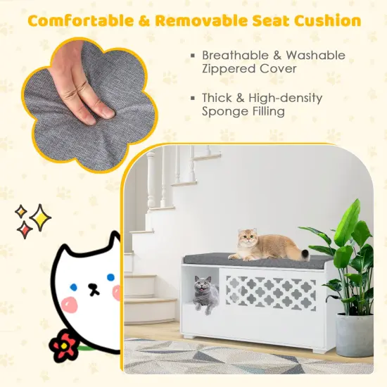 White 4-in-1 Cat Litter Box Enclosure with Removable Cushion and Front Flip Door {5}