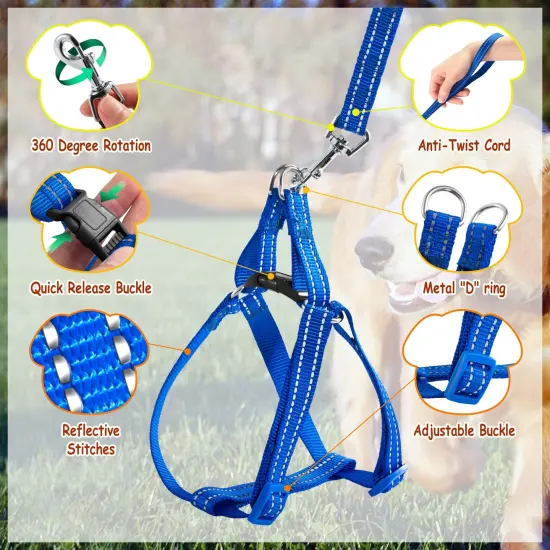 No Pull Nylon Harness and Leash Set Reflective Adjustable for Dogs Cats Pets Walking, Blue, Extra Large Size XL {4}
