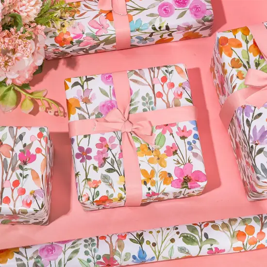 Floral Wrapping Paper Watercolor Flower Gift Wrap Paper Colorful Wildflower Spring Floral DIY Art Crafts Paper Mini Roll for Wedding Birthday Baby Shower Party, 17In x 32.8Ft {2}
