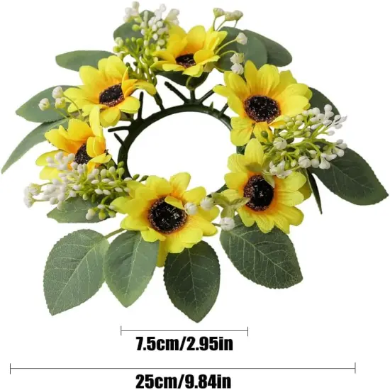 Summer Candle Ring Sunflower Mini Wreath Artificial Flowers Wedding Centerpieces 10" for Home Garland Tabletop Farmhouse Rustic Country Party Decor {2}