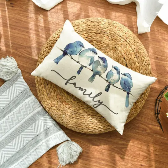 Home Sweet Home Bluebird Family Watercolor Throw Pillow Cover, 12 x 20 Inch Spring Summer Blue Cushion Case Decoration for Sofa Couch {2}