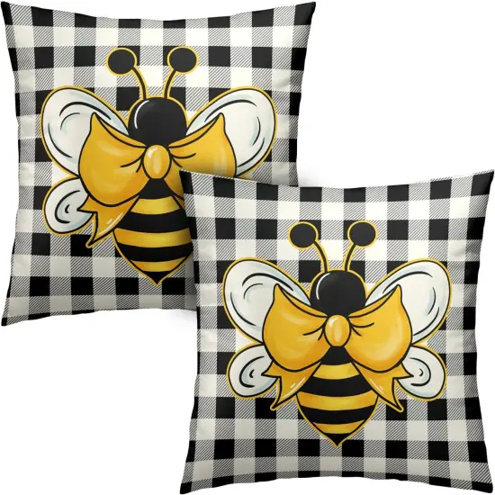 Yellow Bumble Bee Pillow Covers 18x18 Set of 2 Black White Buffalo Plaid Pillow Covers Summer Spring Themed Decorative Cushion Cases Home Decor for Couch Bed Holiday {1}